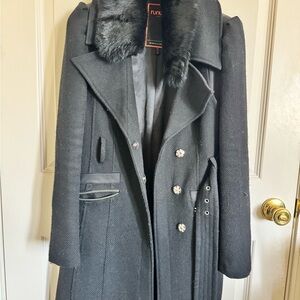 Women's Black Coat with Faux Fur Collar